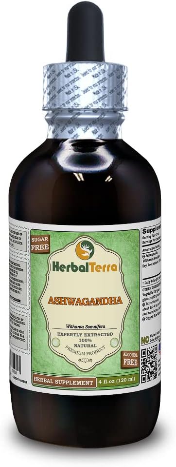 Ashwagandha (Withania Somnifera) グリセライト、有機乾燥された根アルコールフリーの液体のエキス(ブランド名:HerbalTerra、米国で主に作られた) 4 fl.oz (120 ml)