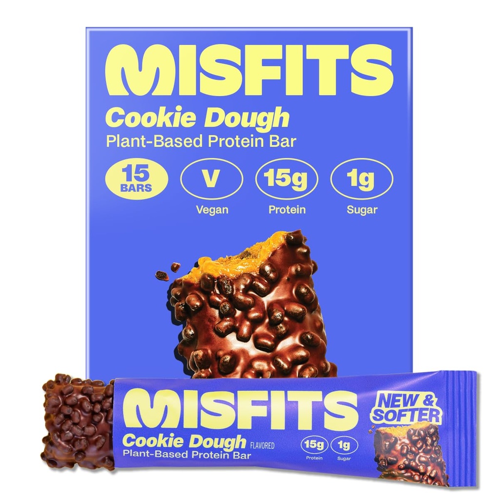 Misfits ビーガンプロテインバー, クッキー ダフ - 更新レシピ | プラントベース, 低砂糖 & 炭水化物, 高繊維スナック | パック 15