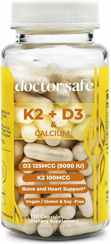 DOCTOR SAFEのビタミンD3のK2カルシウム及びBioPerine MK7 + D3 5000iu US-Madeの非GMOグルテンフリーの豆なしの豆なしの大豆なし(120のカプセル- 4か月の供給)