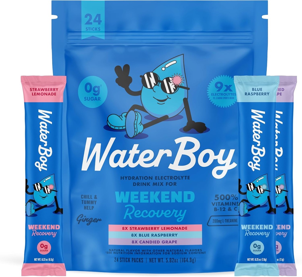 Waterboy Weekend Recovery Variety | 3,200mg Electrolyte Powder Packets | Ginger + L-Theanine + Vitamins | No Sugar, All Natural, Gluten Free | 24 Drink Stick Mixes (Variety Pack)