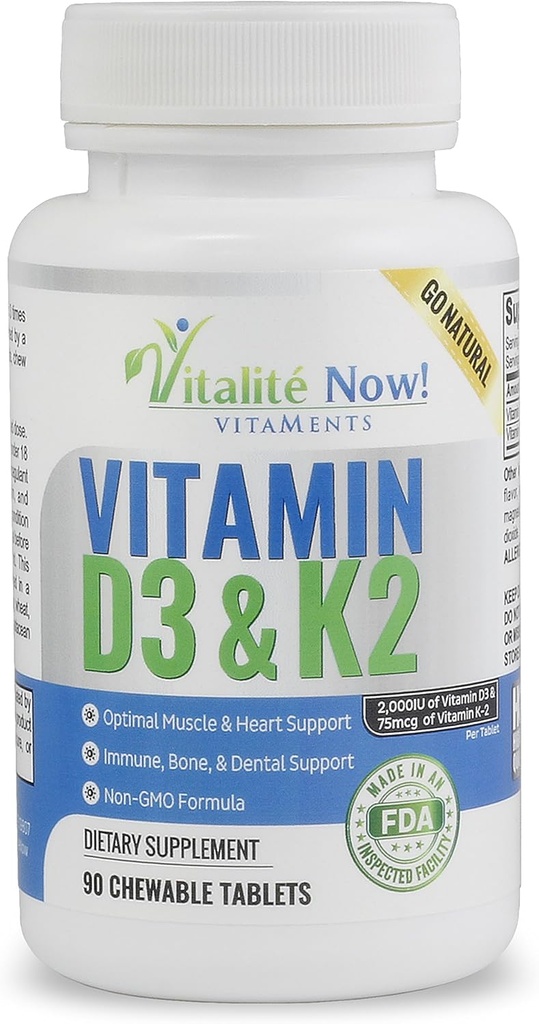 Best Vitamin D3 2000 IU + K2 - Optimized Absorption in Best Form MK7 for Lung Health, Strong Bones & Healthy Heart - All Natural - Cherry Flavor - 90 Chewable Tablets - 3 Month Supply!