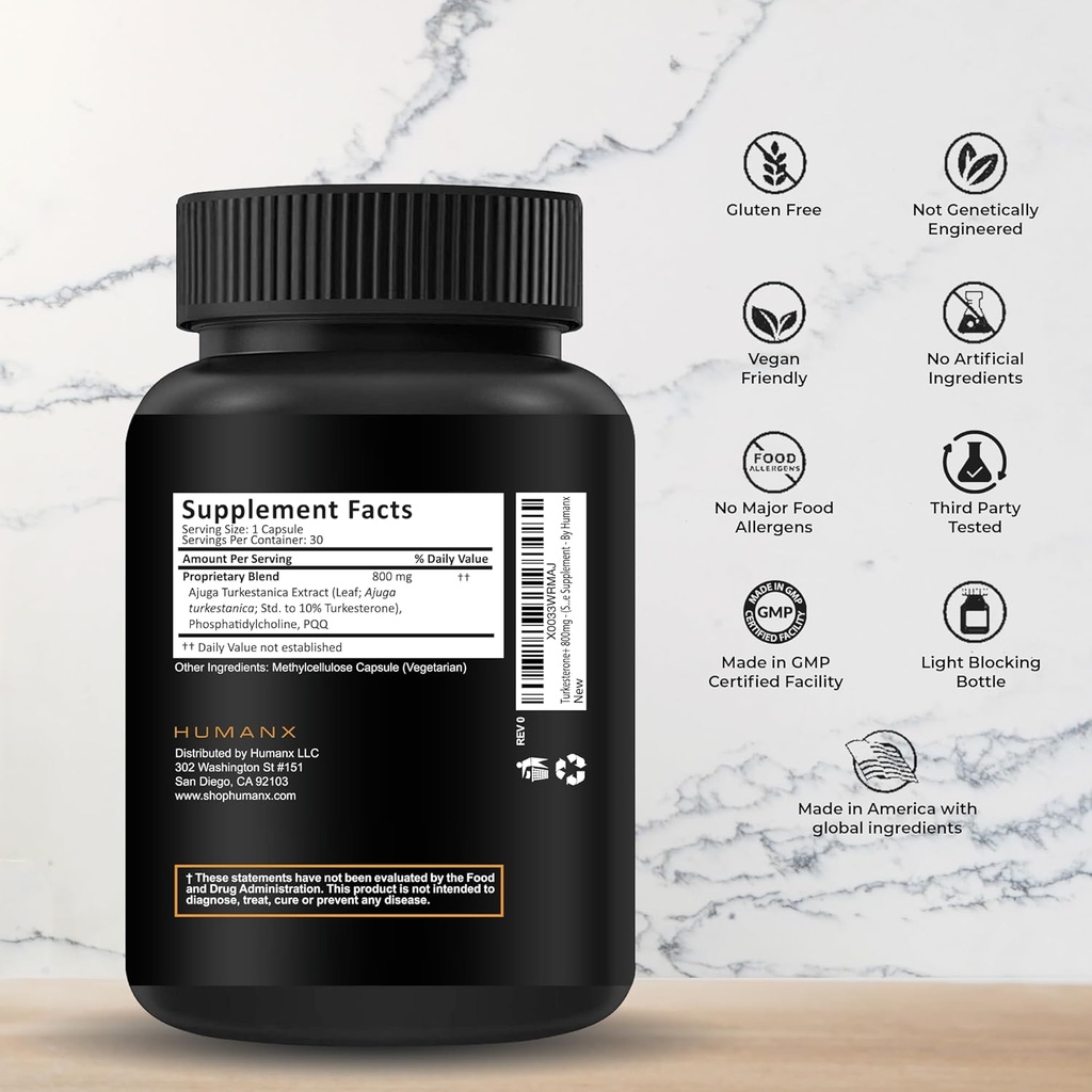 HUMANXのTurkesterone + 800mg - 米国サードパーティテスト(Ecdysteroneに類似)筋肉開発&ダイナミックアスレチックパフォーマンス - ナチュラルアナボリック - 非GMO、ビーガン - トルケステロンサプリメント