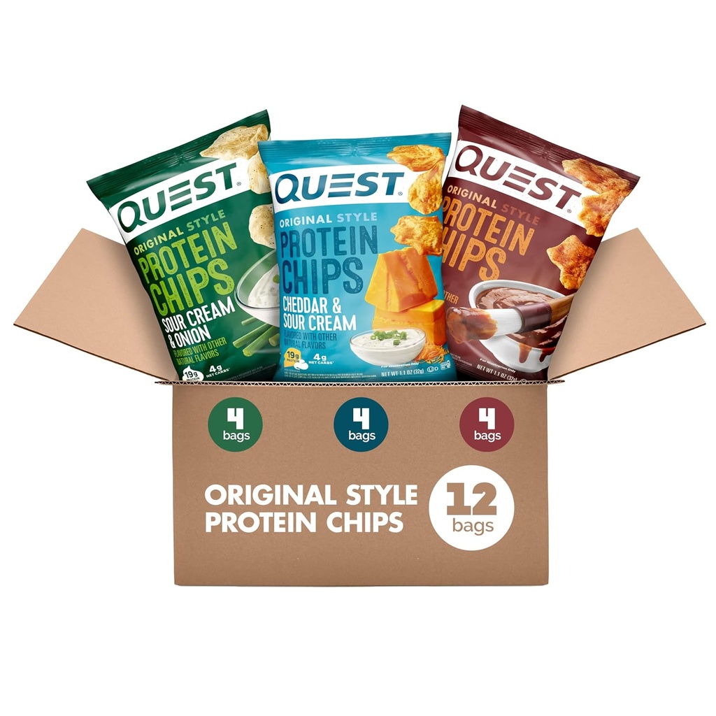 Quest Nutrition Protein Chips バラエティパック、バーベキュー、チェダー&サワークリーム、サワークリーム&オニオン、ハイプロテイン、ロー炭水化物、1.1オンス(12パック)