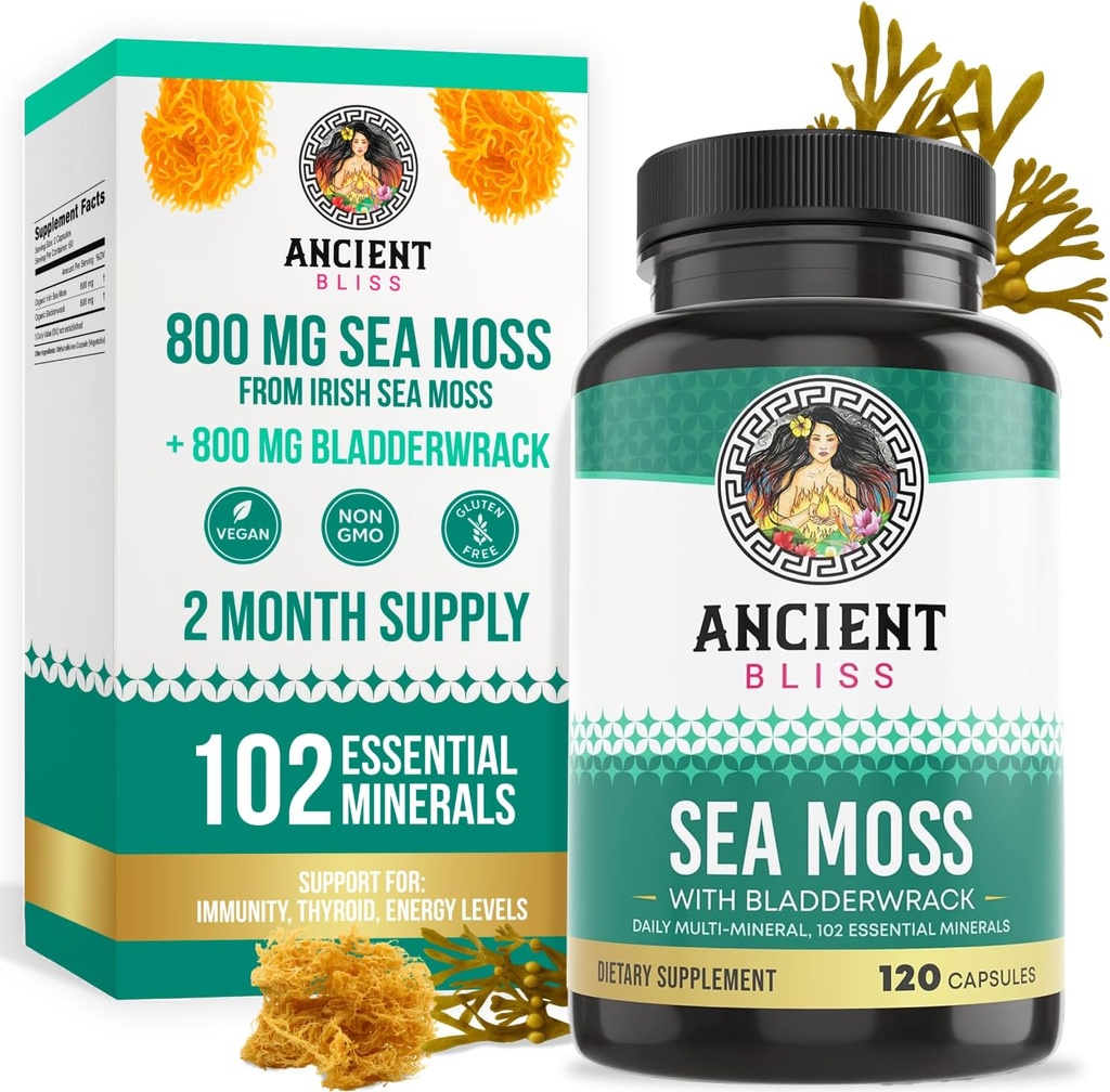 Ancient Bliss Organic Irish Sea Moss Pills - Dr Sebi Wildcrafted Seamoss Capsules | Thyroid, Healthy Skin & Gut Support | 120 Capsules