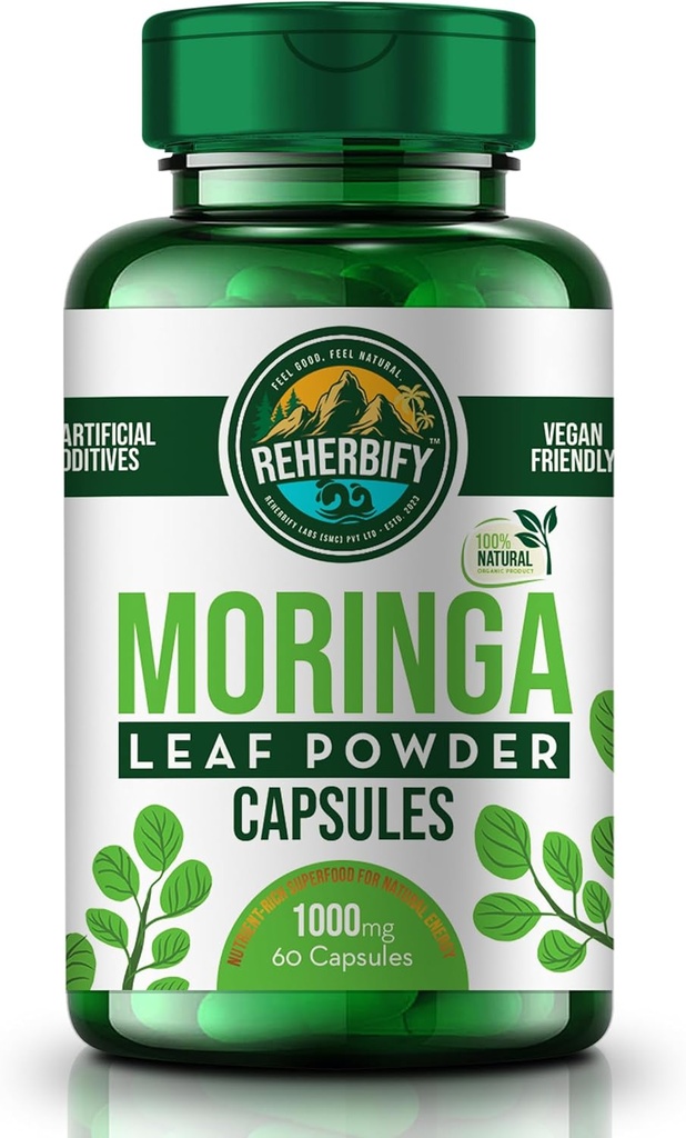 ReHerbifyによるMoringaカプセル | 1000mg, 60カプセル | 免疫とウェルネスのための有機Moringa Oleiferaリーフパウダーサプリメント