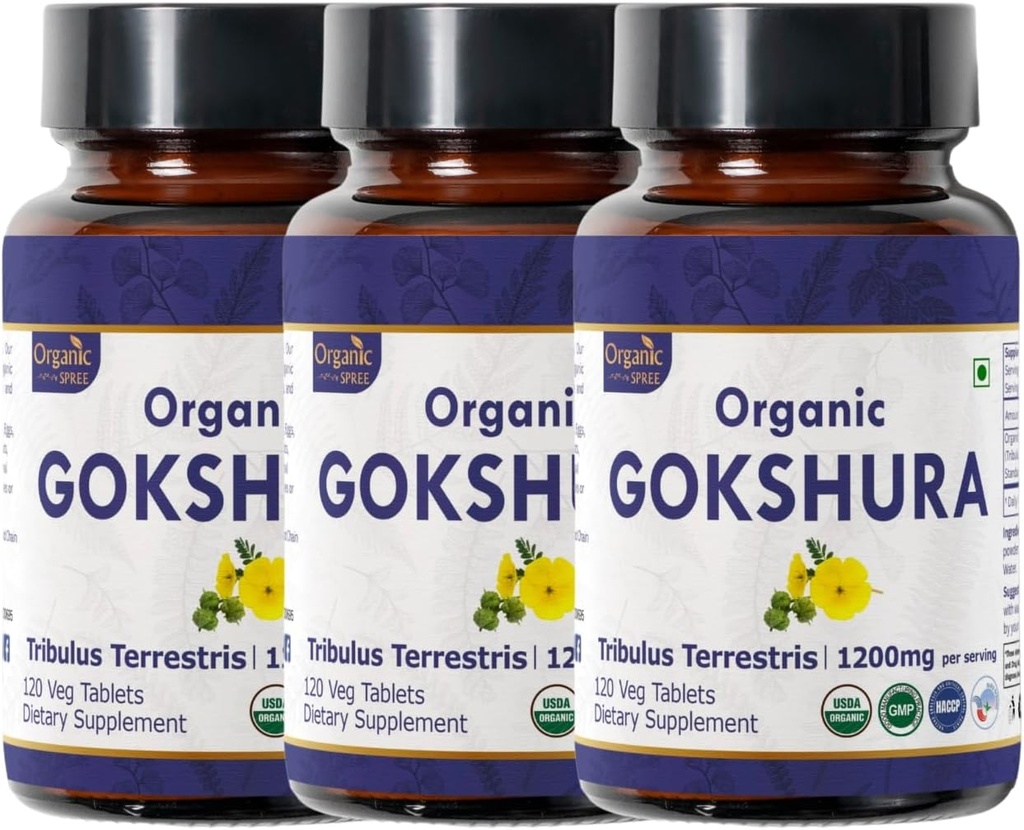 Gokshura 120 Tablets | Tribulus Terrestris (Gokshura) | USDA Organic Certified | Supports Immunity and Strength | Organic and Natural 120tab - Pack of 3