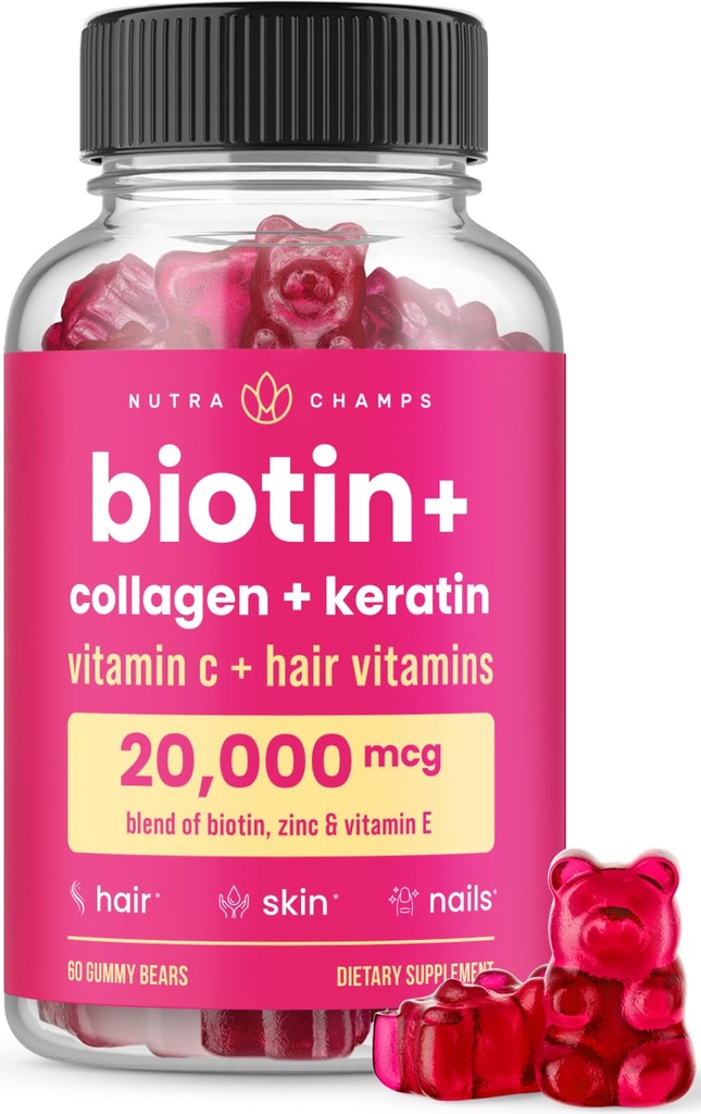 NutraChamps Hair Skin & Nail Gummies | コラーゲンとケラチンのビオチン | 5000mcg ビオチン美容コンプレックス | 女性のためのビタミンサプリメント | ベリー | ヘルシーな髪、ハリケーン肌と強い爪