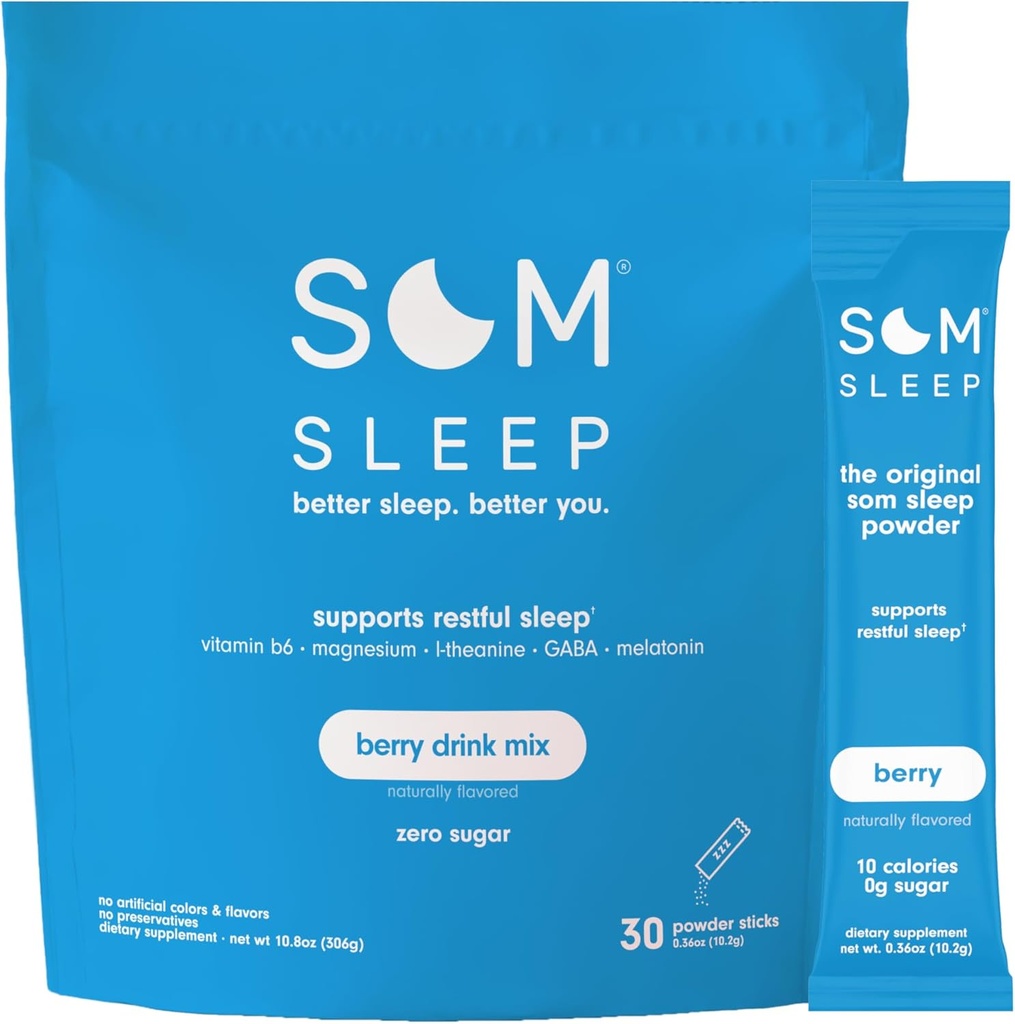 Som Sleep, Calm Sleep Powder Drink Mix, 3mg Melatonin, マグネシウム, ビタミンB6, L-Theanine & GABA – ビーガン, Ketoフレンドリー – ゼロシュガーベリー, 30パック