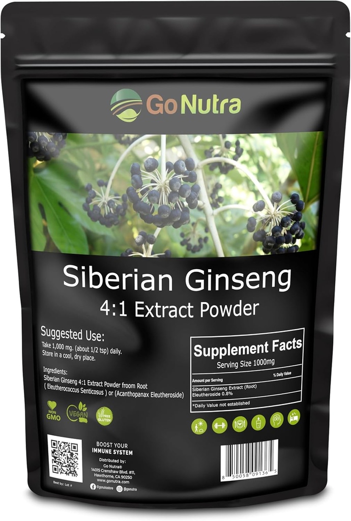 Go Nutra Siberian Ginseng - Eleuthero Root Powder | 4:1 Extract 4X Times Stronger | サポート エネルギー & Stamina | 自然 & 適応性 | Eleutherococcus のセニティコス | 非GMO | 1lb (16 Ounce)