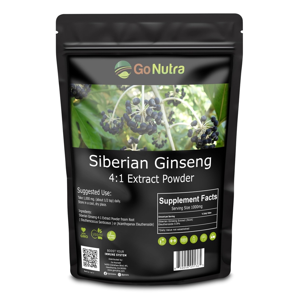 Go Nutra Siberian Ginseng - Eleuthero Root Powder | 4:1 Extract 4X Times Stronger | サポート エネルギー & Stamina | 自然 & 適応性 | Eleutherococcus のセニティコス | 非GMO | 1lb (16 Ounce)