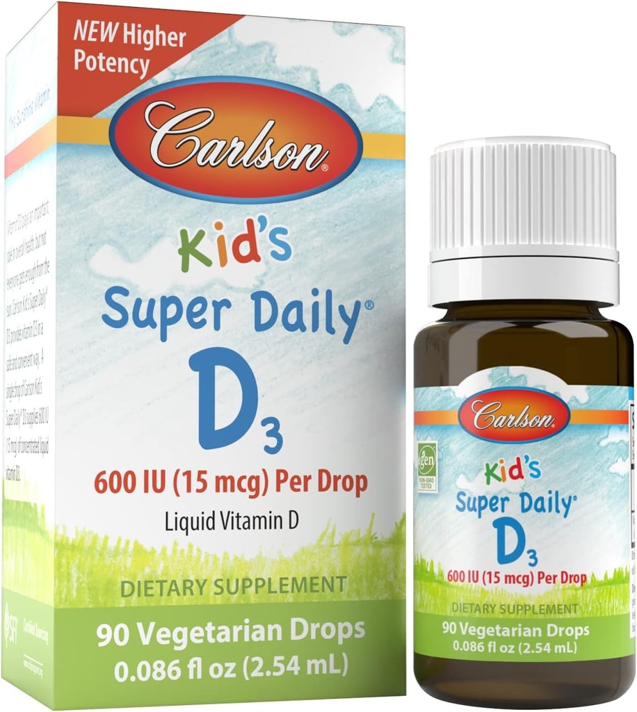 Carlson KidのスーパーデイリーD3、600 IU(15 mcg)/ドロップ - 子供のための液体ビタミンDドロップ、90ドロップ(2.54 mL)、ベジタリアン、無味