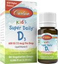 Carlson KidのスーパーデイリーD3、600 IU(15 mcg)/ドロップ - 子供のための液体ビタミンDドロップ、90ドロップ(2.54 mL)、ベジタリアン、無味