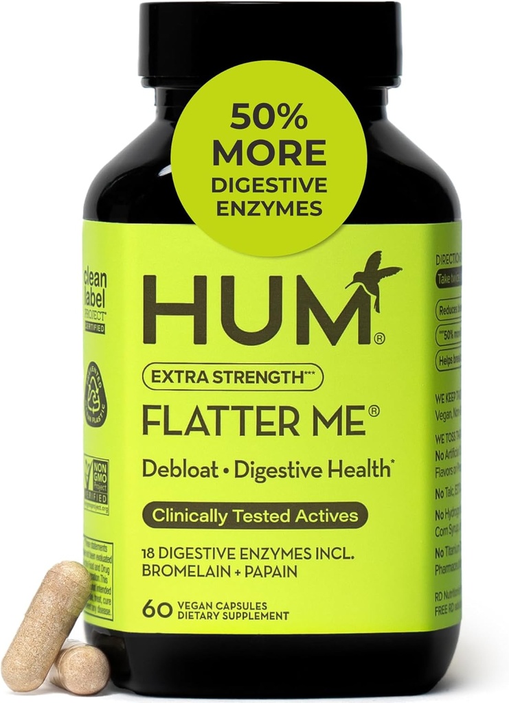 HUM Flatter Me Extra Strength Digestive Enzymes for Women, Men, Digestive Gut Bloating Supplement, Ginger, Peppermint Leaf, Fast Acting Anti Bloat Pills Multi Enzyme for Debloating, 60 Capsules