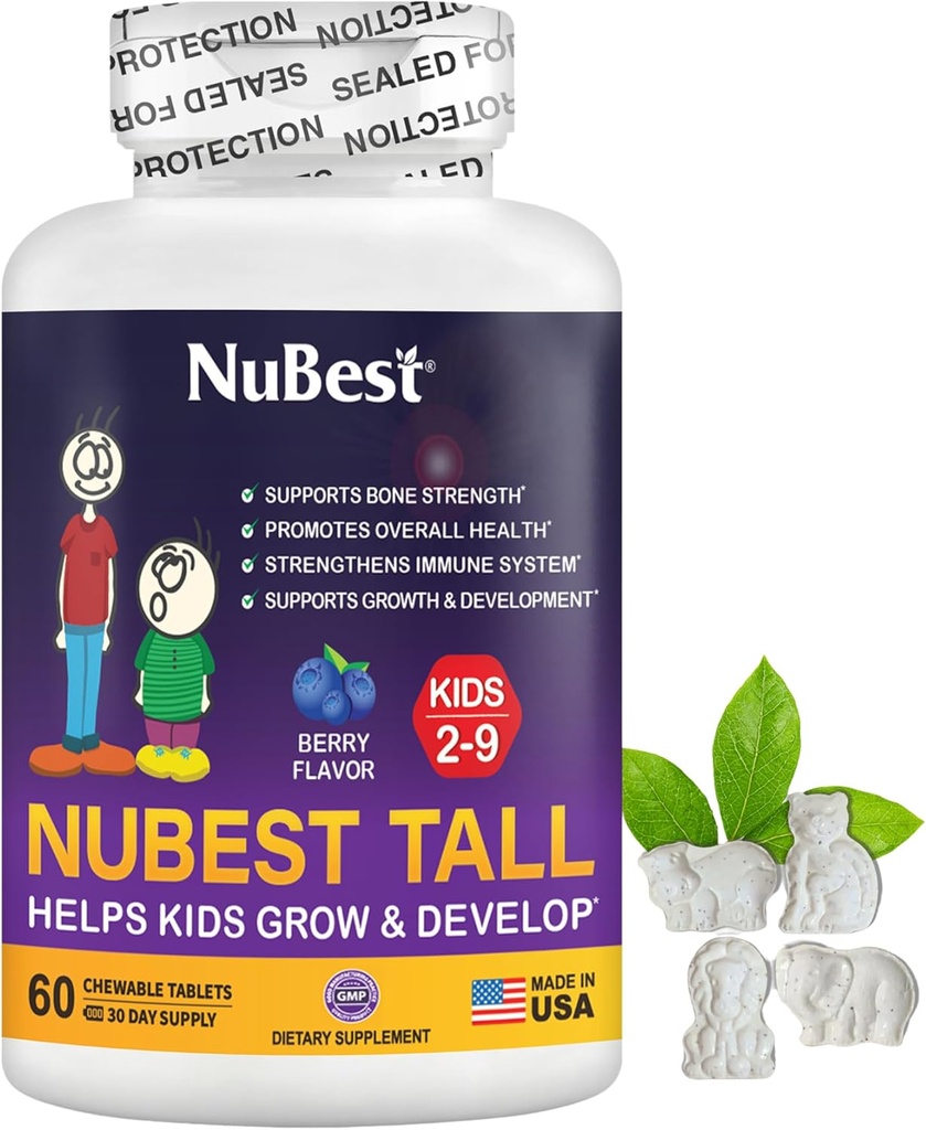 NuBest Tall Kids - Multivitamins & Minerals for Age 2 to 9 - Bone Strength & Immunity Support - Helps Kids, Toddlers Healthy - Animal Shapes - 60 Chewable Berry Tablets | 1 Month Supply