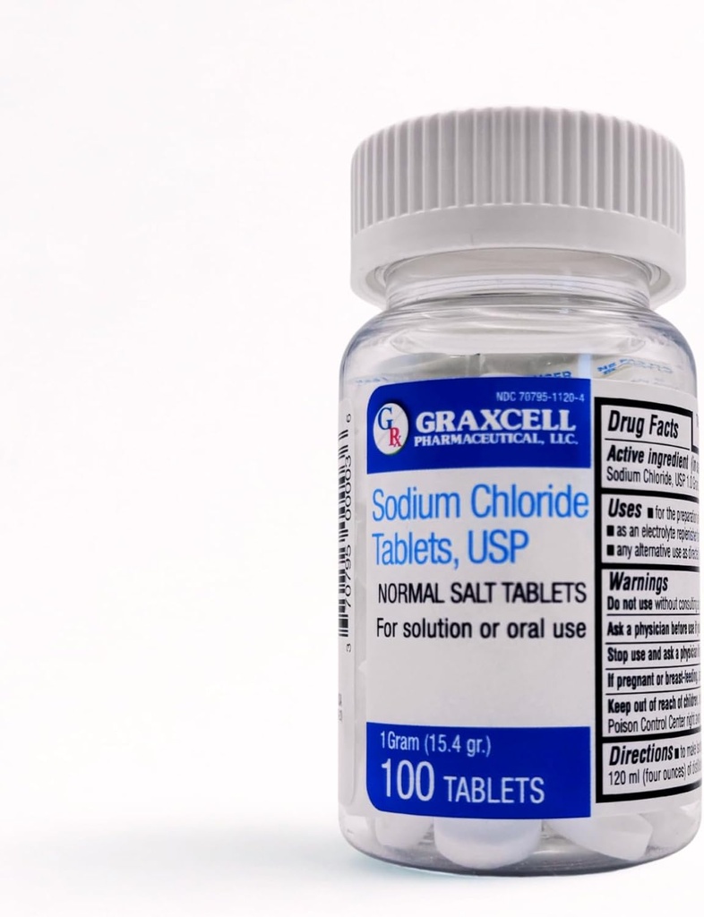 Sodium Chloride Tablets 1gm | Electrolyte Salt for POTS Syndrome and Dysautonomia Support | Rapid Rehydration| 15.4gr. | 100 Count | Made in The USA
