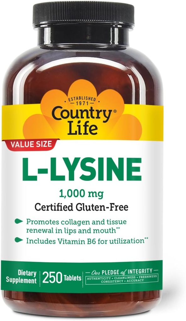 B-6とカントリーライフL-リジン1000mg、免疫健康をサポート、唇と口、250カウントでコラーゲンの更新を促進、認定グルテンフリー、認定ビーガン