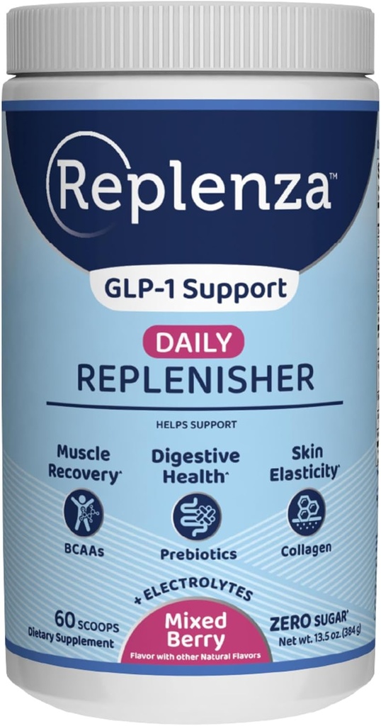 Replenza毎日の補充剤GLP-1栄養サポート、パウダー、筋肉の回復、消化の健康とアミノ酸、プレバイオティクス、コラーゲンペプチドの皮膚の弾性ミックス - ベリー風味、60スクープ、13.5 OZ