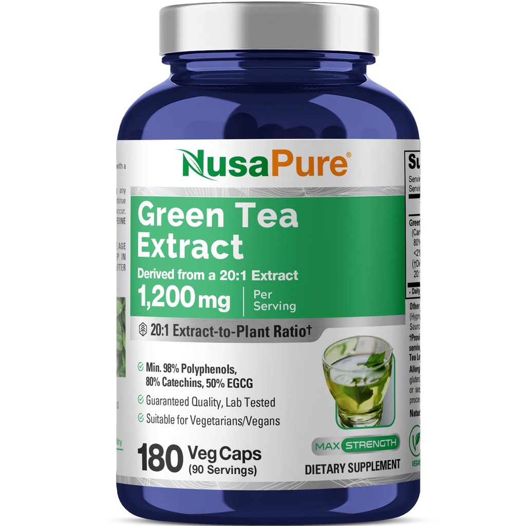 NusaPure緑茶20:1抽出物、1200mg 24000mg、180ビーガンカプセル、50%EGCG、98%ポリフェノール、80%カテキン