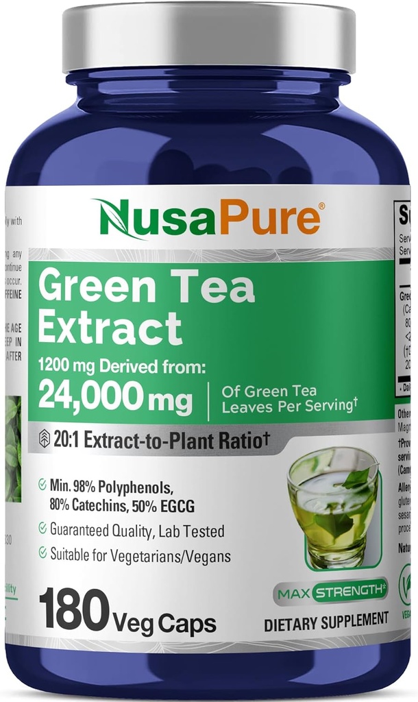 NusaPure緑茶20:1抽出物、1200mg 24000mg、180ビーガンカプセル、50%EGCG、98%ポリフェノール、80%カテキン