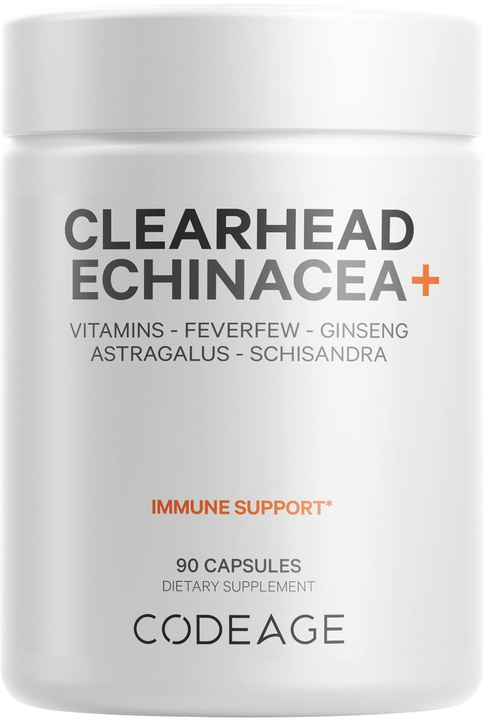 コード クリアヘッド Echinacea+ サプリメント - Echinacea、Schisandra、Feverfew、Coptis、American Ginseng、Astragalus、ニンニク、プロバイオティクス、ビタミンC&D3、亜鉛、セレン - クリアヘッドビタミン - 90カプセル