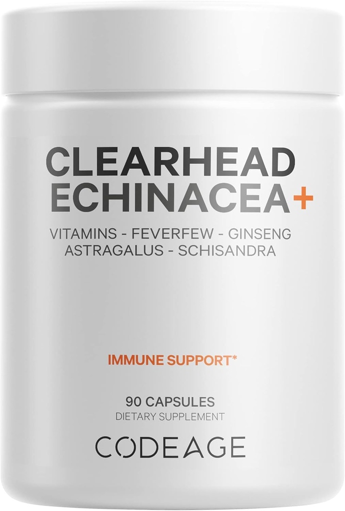 コード クリアヘッド Echinacea+ サプリメント - Echinacea、Schisandra、Feverfew、Coptis、American Ginseng、Astragalus、ニンニク、プロバイオティクス、ビタミンC&D3、亜鉛、セレン - クリアヘッドビタミン - 90カプセル