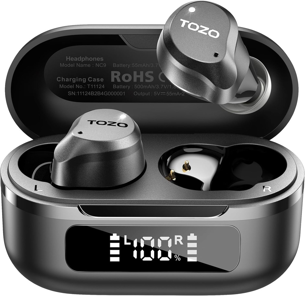 TOZO NC9の雑種の活動的な騒音は無線イヤフォン、6つのMics ENCの明確な呼出し、防水IPX8耳のBluetooth 5.3で取消します ヘッドフォン ステレオバス 耳の芽 59H LED表示32 EQsとAPPによる再生時間