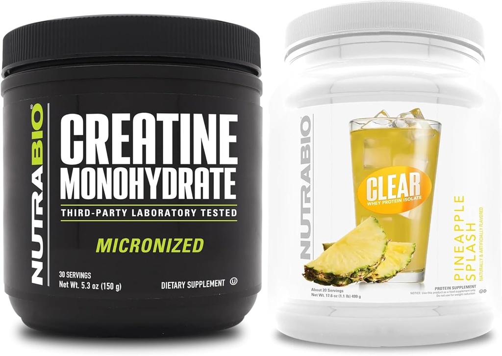 NutraBioクレアチンモノハイドレート、アンフレーバー、(150 g)とクリアウエイプロテイン分離、(パイナップルスプラッシュ)サプリメントバンドル - 筋肉エネルギー、最大成長、回復、および強度