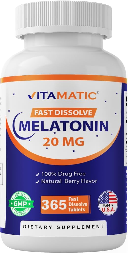 Vitamatic Melatonin 20 mg Tablets | Vegetarian, Non-GMO, Gluten Free | 1 Year Supply | Natural Berry Flavor - 365 Tablets