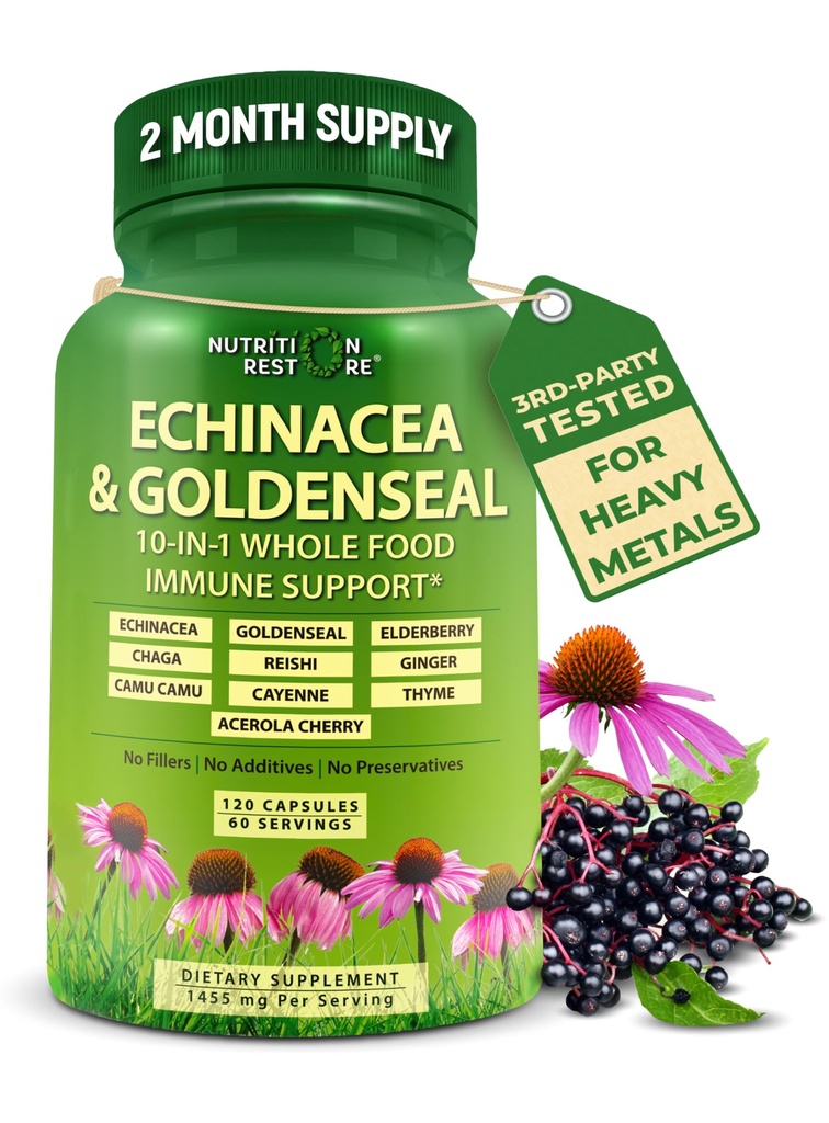 Echinacea ゴールデンシール カプセル - 10 に 1 免疫サポート サプリメント - 1455mg - ビーガン Echinacea カプセル サプリメント 有機食品 - ハーブ免疫システム サポート - 2 ヶ月 供給