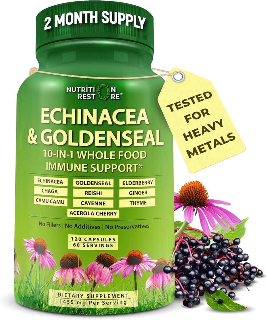 Echinacea ゴールデンシール カプセル - 10 に 1 免疫サポート サプリメント - 1455mg - ビーガン Echinacea カプセル サプリメント 有機食品 - ハーブ免疫システム サポート - 2 ヶ月 供給