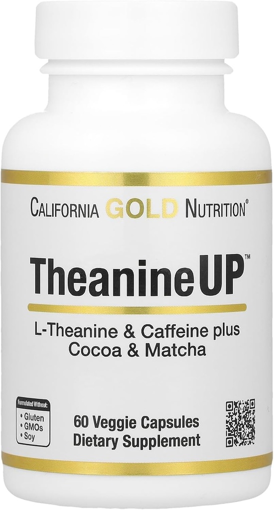 California Gold Nutrition TheanineUP™, L-Theanine & Caffeine Plus Cocoa, and Matcha, 60 Veggie Capsules