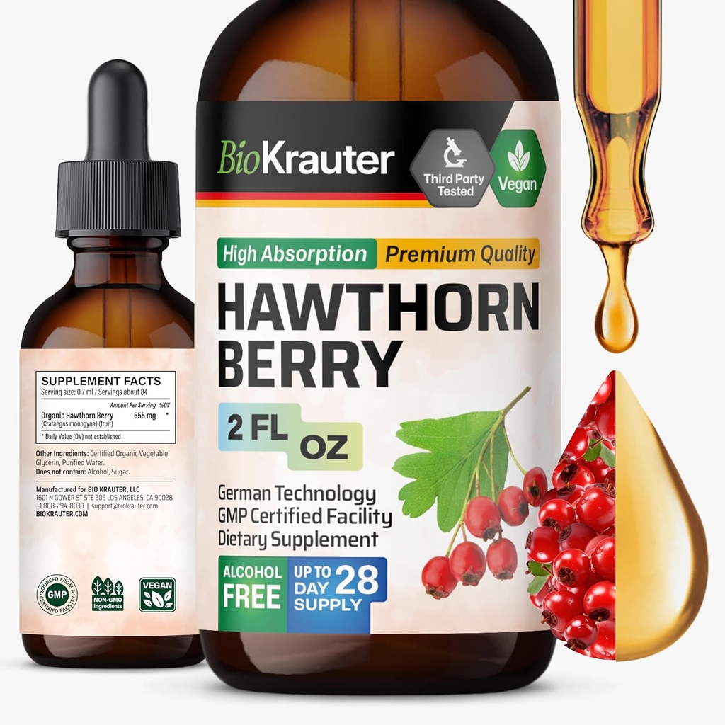 BIO KRAUTER® Hawthorne Berry Supplement - Pure Vegan Hawthorn Berry Liquid Drops 655 mg per Serving 2 Fl.Oz 28 Days of Supply - Used for Overall Support & Daily Wellness - Alcohol & Sugar Free