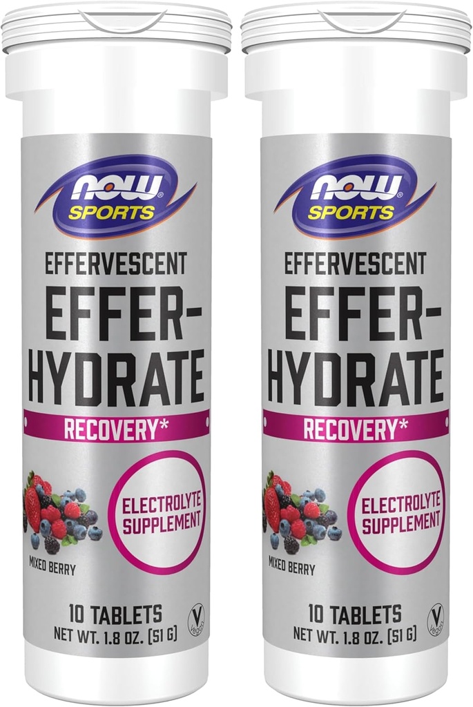 NOW Sports Nutrition, Effervescent Effer-Hydrate, Electrolyte Supplement, Recovery*, Mixed Berry, 10 Tablets (Pack of 2)