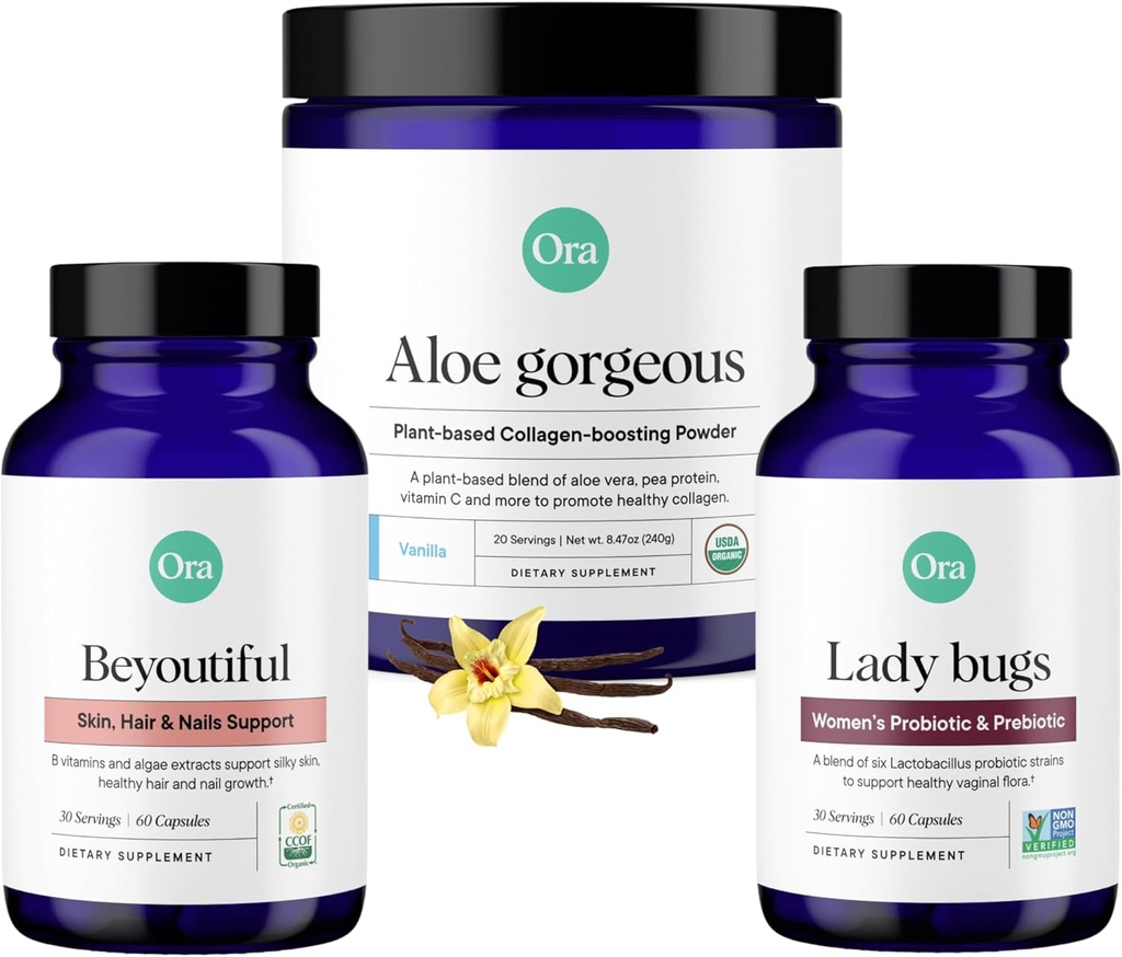 オーガニックビーガンコラーゲン, プロバイオティクス, プレバイオティクス & BeYouTifulバンドル: アロエベラ - バニラフレーバー, 20 サービング + 60 ビーガンプロバイオティックカプセル + 髪, スキン, & ネイルサポート, 60 ビーガンカプセル