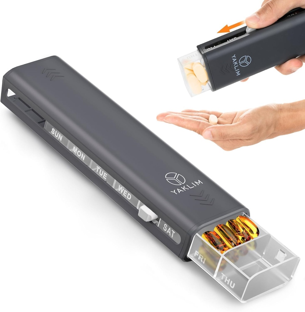 Yaklim週刊ピルオーガナイザー7日、大型コンパクトデイリーピルボックスポータブルトラベルメディテーションピルケース、ビタミン用ピル容器、薬、サプリメント、魚油(黒)を保持するための1週間ピルオーガナイザー