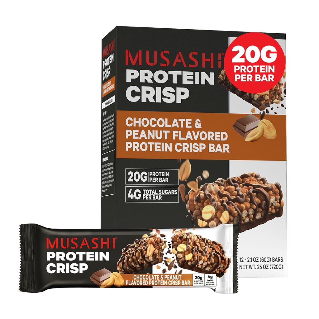 MUSASHIの蛋白質のCrisp棒、20g蛋白質、4gの合計の砂糖、チョコレート及びピーナツ、ポストのワークアウトおよび軽食、2.1oz (60g)棒の12のパック
