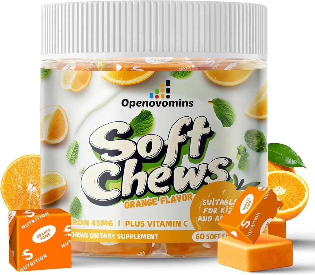 Iron Supplement Chews with Vitamin C for Women Men and Kids, Natural Vegan Iron Soft Chew with Vitamin B6,B12,D, Calcium & Zinc - Energy Support, 60 Orange SoftChews,2 Month Supply