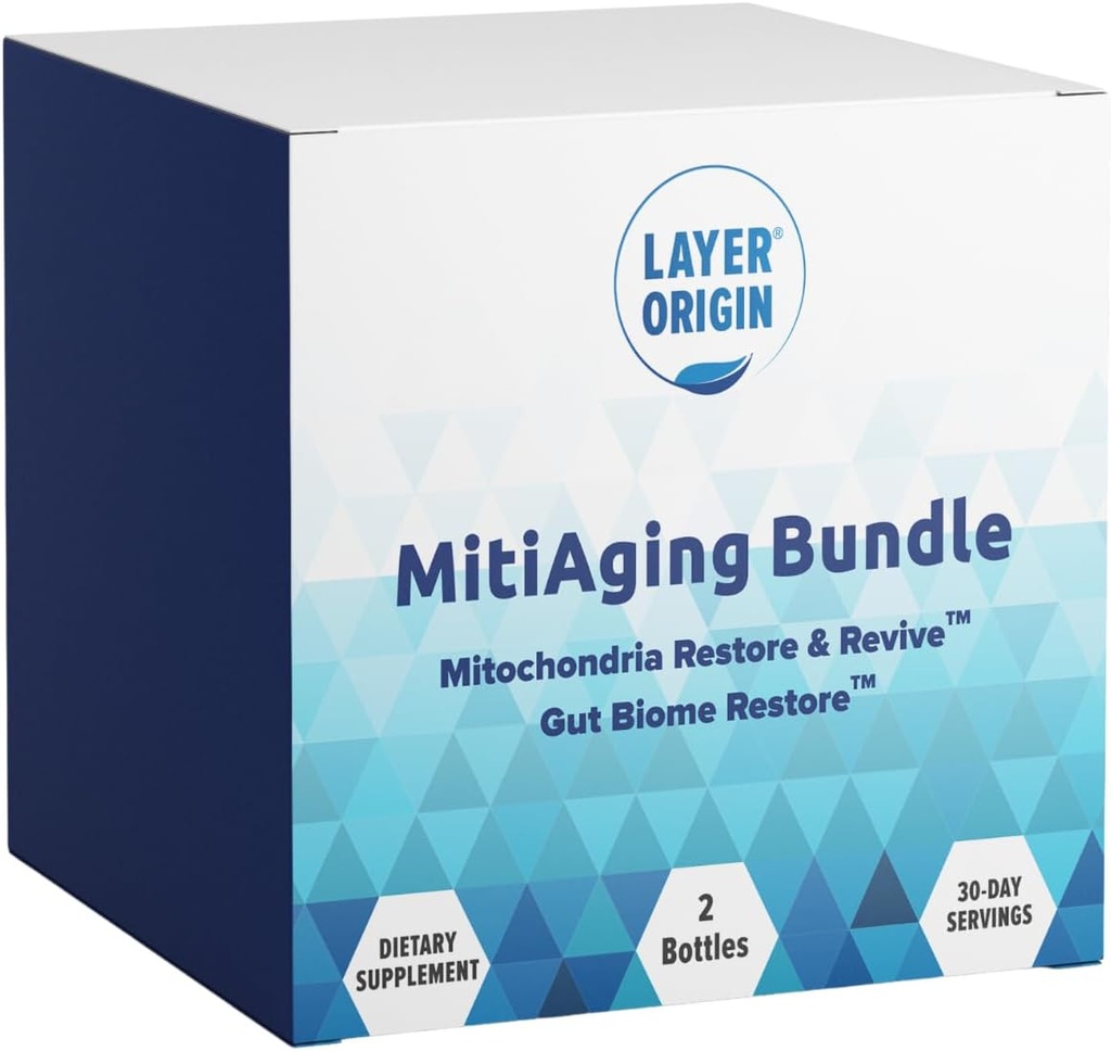 Layer Origin MitiAging Bundle, Anti-Aging 2-Bottle Pack: Gut Biome Restore and Mitochondria Revive - Boost Cellular Health Naturally, 30 Day Supply