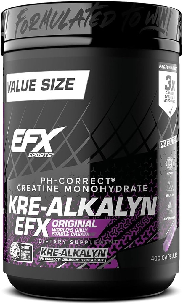 EFX Sports Kre-Alkalyn EFX | pH 補正クレアチン モノハイド ピル サプリメント | 強度・筋肉の成長・性能 | 200 便益・ 400 カプセル