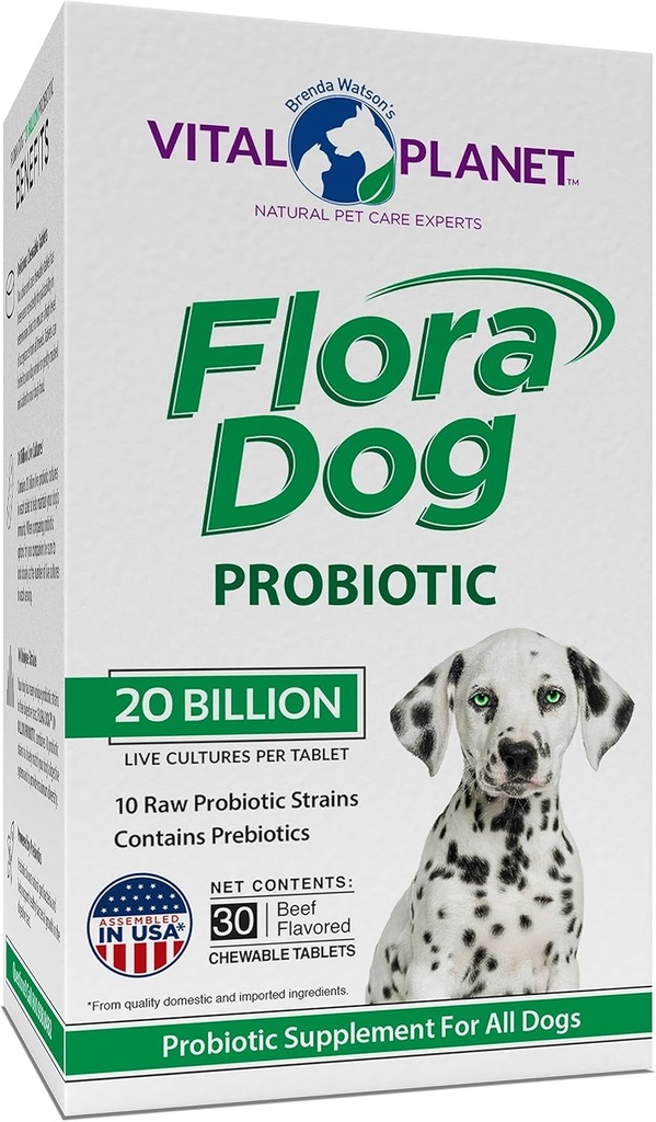 Vital Planet - Flora Dog Probiotic Chewable Tablets Supplement with 20 Billion Cultures and 10 Strains, High Potency Immune and Digestive Support Probiotics for Dogs, 30 Beef Flavored Chewable Tablets