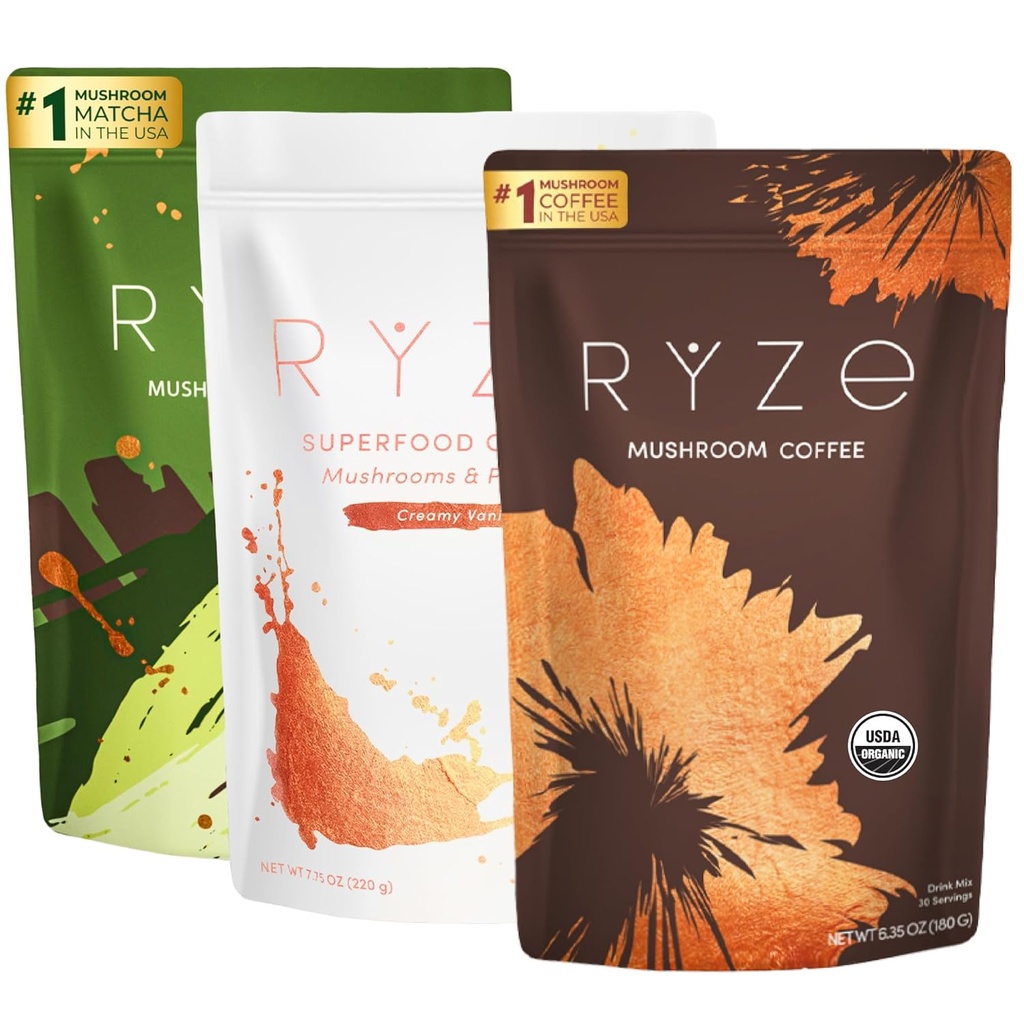 RYZE SUPERFOODSの最終的なエネルギー バンドル、USDAの有機のきのこのコーヒー及びきのこの抹茶+よりよいエネルギー、焦点、消化、免除、各サービング30のための6つの適応性のきのこが付いているプロバイオティック クリーム