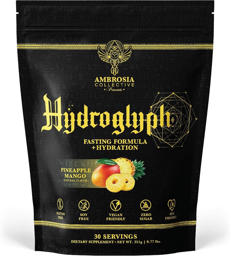 Ambrosia Hydroglyph Intraworkout Formula w/BCAA + EAA + Electrolytes Hydration Powder to Protect Lean Muscle, 0g Sugar Fasting Hydration Drink Mix, Made w/Coconut Water (Pineapple Mango)