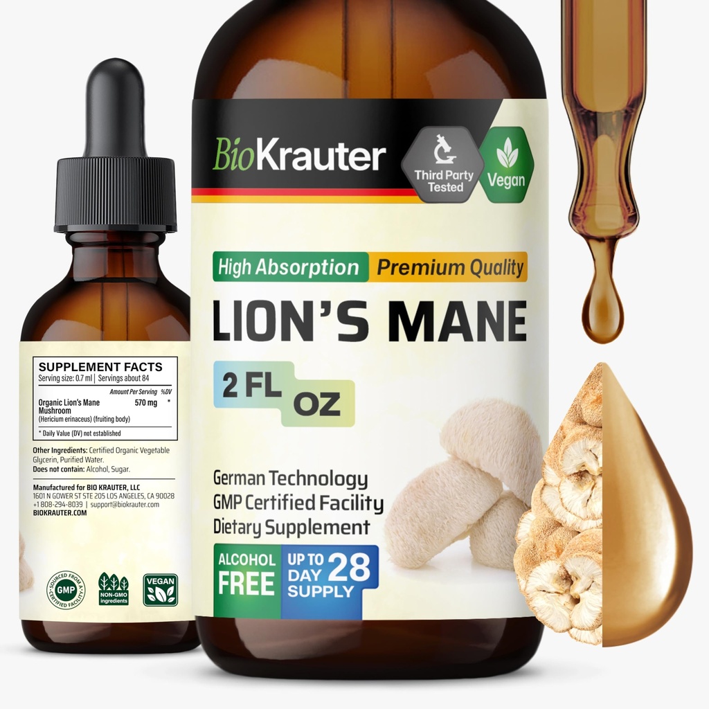 BIO KRAUTER Lions Mane Liquid Extract - 脳サポートのためのキノコサプリメント - ビーガンライオンズマネサプリメント - アルコール&砂糖無料ドロップ - 2 Fl.Oz.