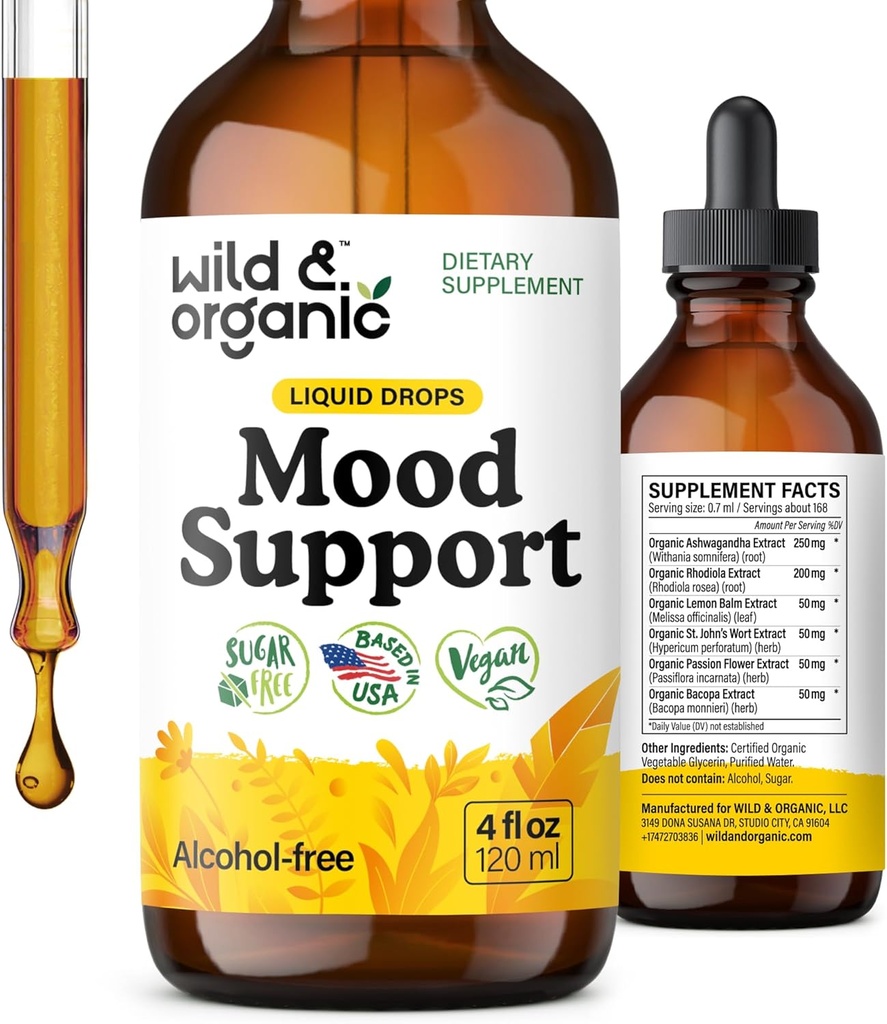 Wild & Organic Mood Support Supplement - Natural Liquid Drops for Positive Energy - Calm Mind Supplement for Women and Men - Non-Alcohol Ashwagandha & Rhodiola Rosea Root Tincture for Good Mood - 4 oz