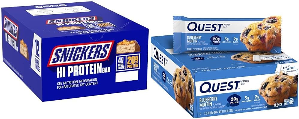 SNICKERSこんにちはプロテインピーナッツキャラメルバー24.12ozボックス12カウント&クエストブルーベリーマフィンプロテインバー12カウント