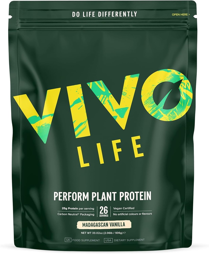 Vivoの生命は植物蛋白質の粉-BCAA (34.85 oz、バニラ)が付いているエンドウ豆及び麻の蛋白質のブレンドを実行します