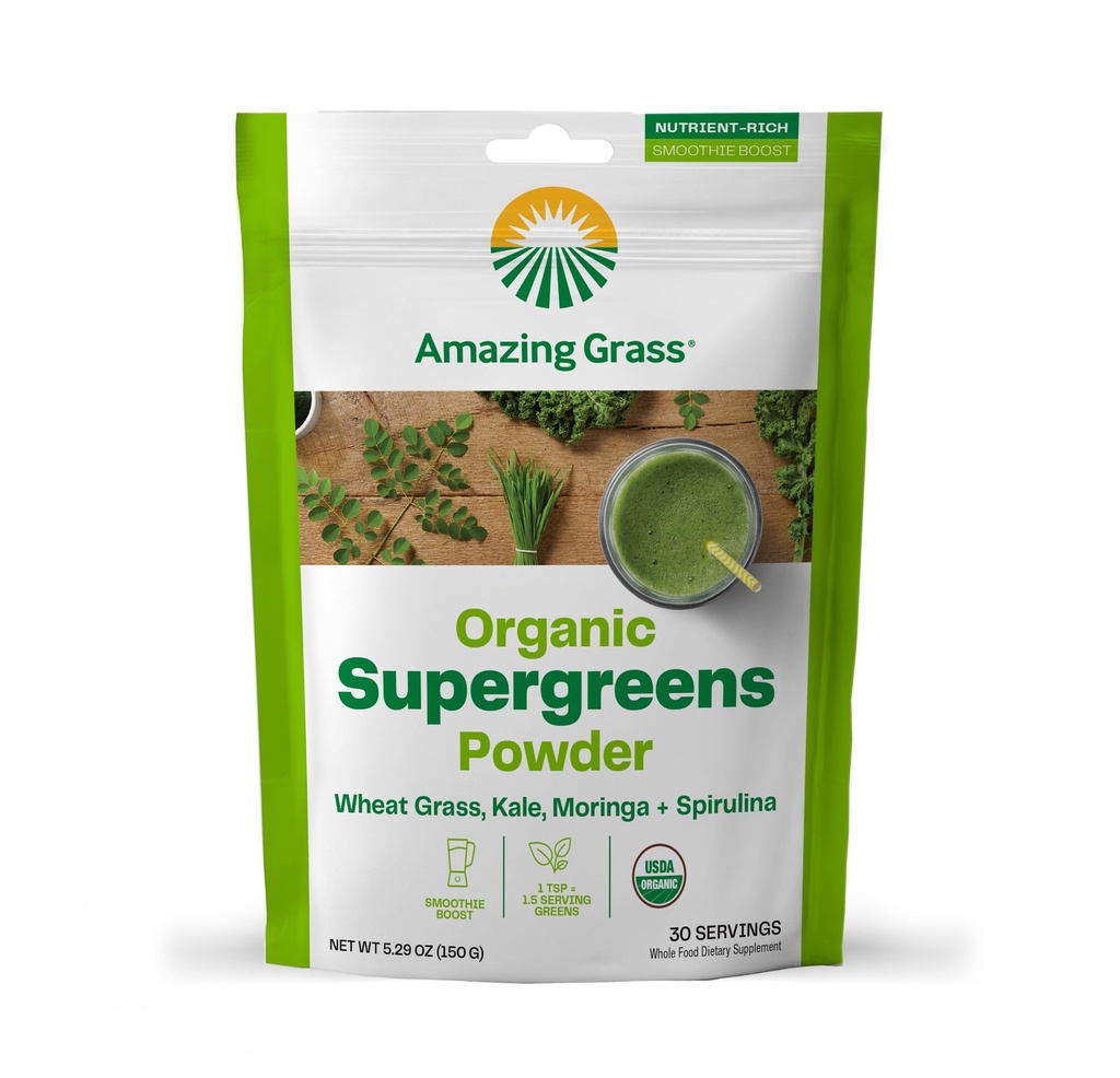 アメイジンググラススーパーグリーンブースター:グリーンパウダースムージーミックス with Spirulina, モリンガ, 小麦草&ケールスムージーブースター, Chlorophyll 提供グリーン, 30 サービング