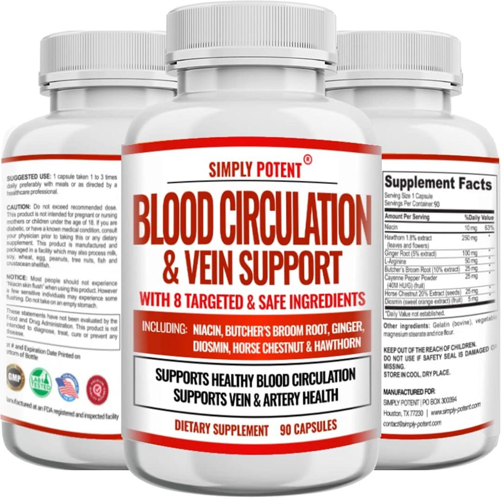 Blood Circulation & Vein Support Supplement, 90 Caps, Helps with Spider and Varicose Veins, Supports Vessels, Leg and Cardiovascular Health with Niacin, Ginger, Cayenne Pepper