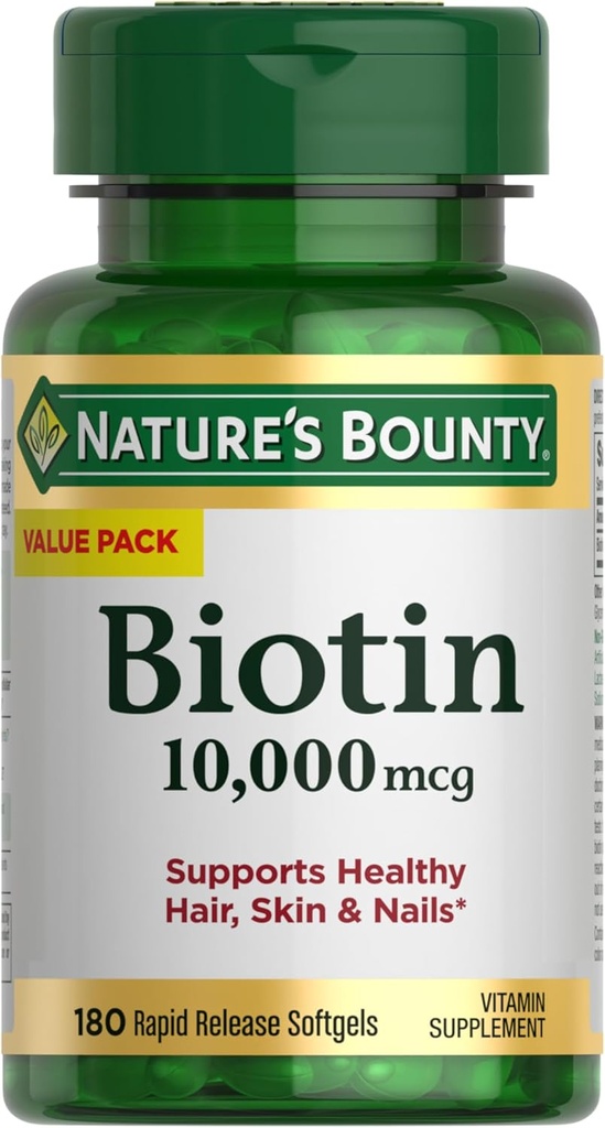 Nature&#39;s Bounty Biotin Hair Skin and Nails Vitamins, Supports Healthy Hair, Skin and Nails, 10,000 mcg, Rapid Release Softgels, 180 Ct