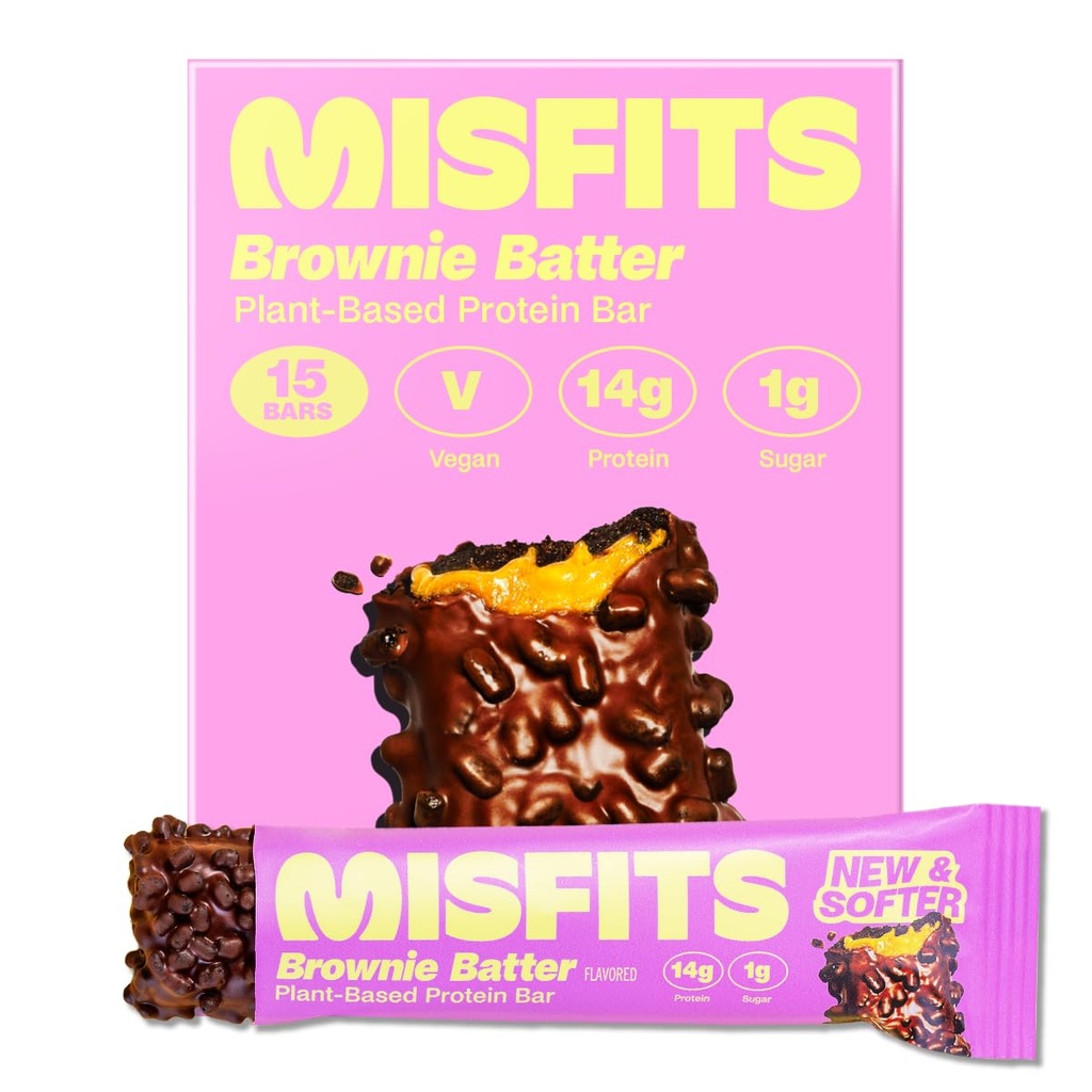 Misfitsビーガンプロテインバー、Brownie Batter - 更新レシピ | 植物ベース、低砂糖&炭水化物、ハイファイバースナック | パック15